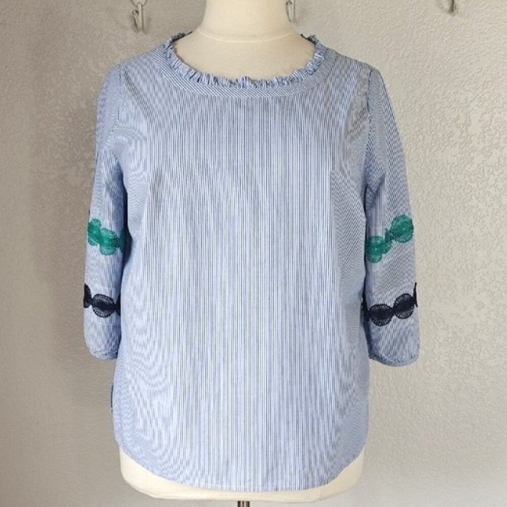 Talbots 2Xp Blouse Blue White  Pinstripes 3/4 Sleeve Ruffle Neckline Cotton